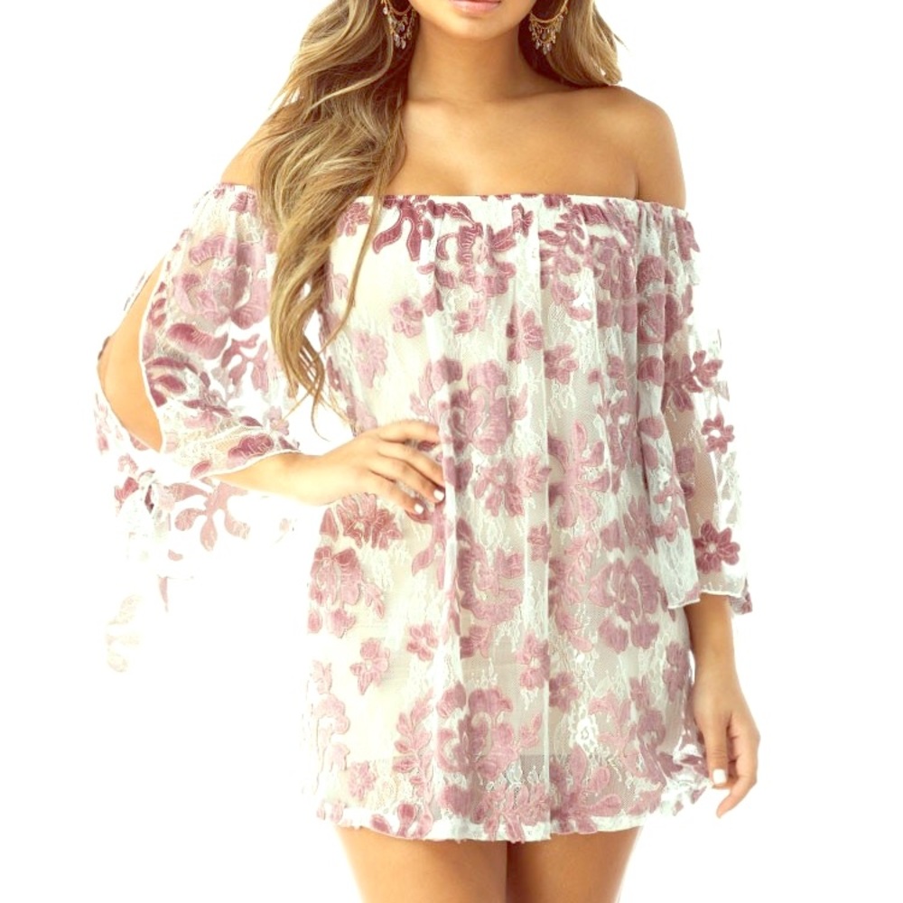 Sky Off-Shoulder Mini Dress in White and Dusty Pink